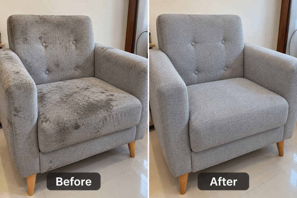 Detail Pembersihan Sofa Profesional — Pembersihan dengan perhatian pada area dudukan, sandaran, dan bagian yang sering digunakan.