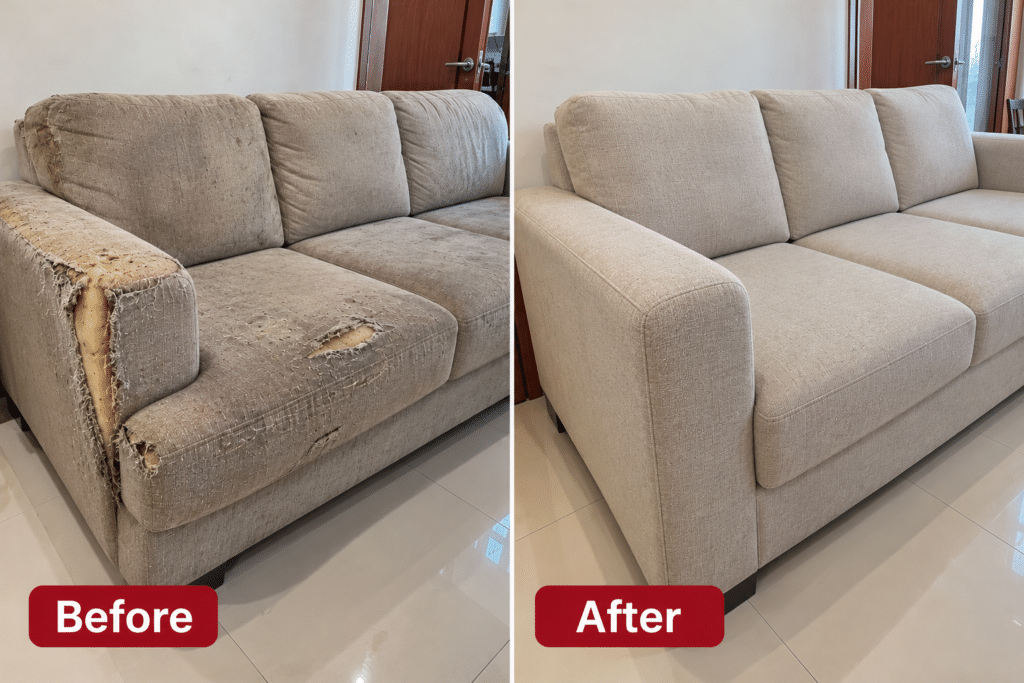 Pembaruan Pelapis Sofa Kulit — Mengganti pelapis kulit sintetis yang mengelupas dengan material baru untuk memperbarui tampilan dan kenyamanan sofa.